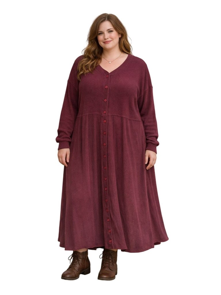 Vintage Eddie Bauer Plus Size Xxl Womens Waffle Knit Burgundy Henley Maxi Dress